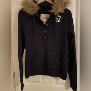 Hollister Navy Hoodie with Faux Fur Trim